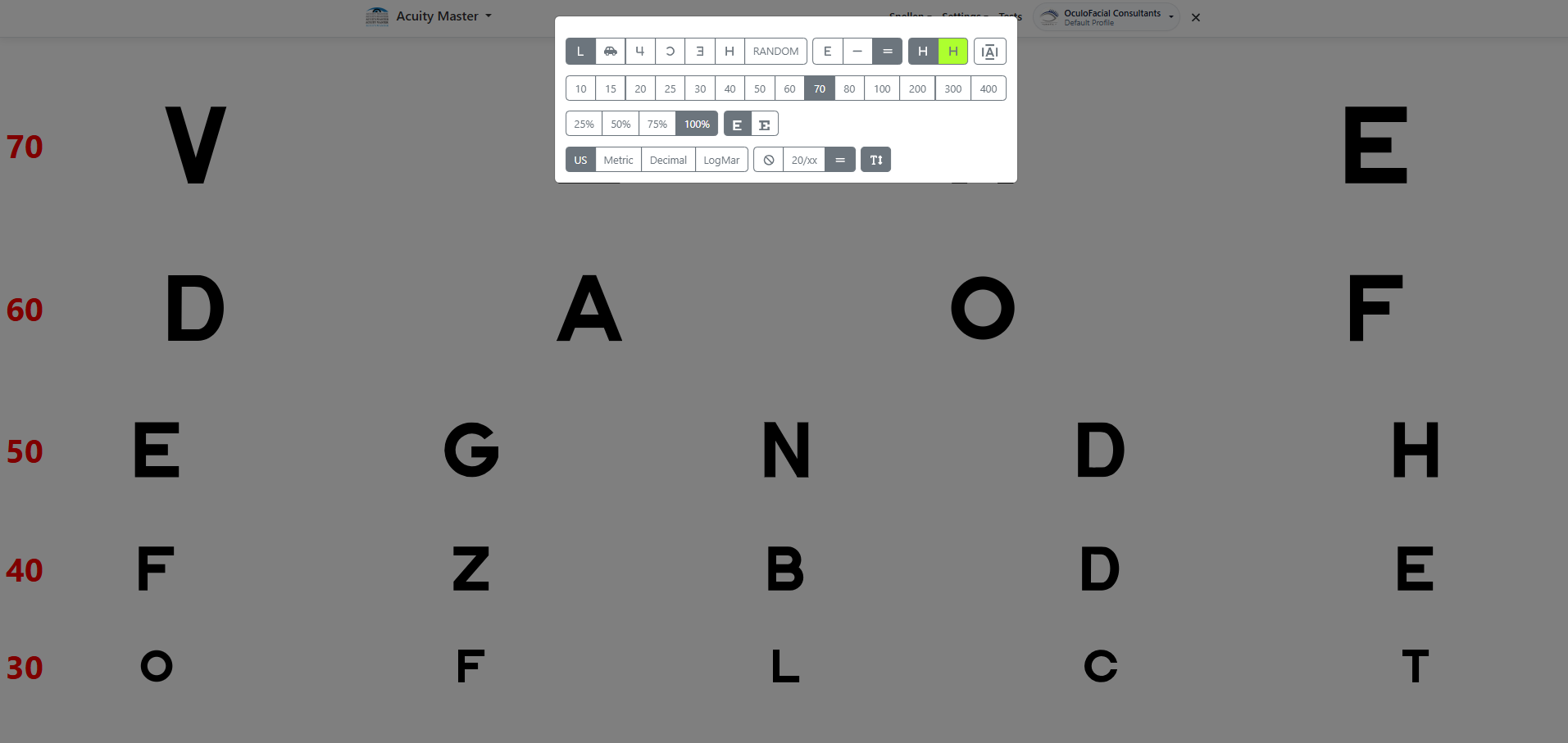 AcuityMaster Cloud control panel: optotype, letter size, contrast and US/metric/decimal/LogMAR notation selected in one click